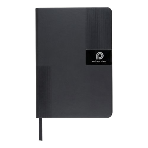 Carnet noir en matire avec porte-stylo et marque-page.