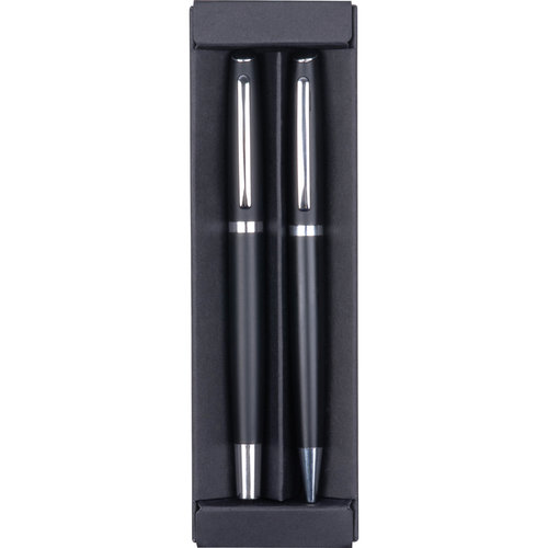 Ensemble d'criture noir en aluminium recycl, comprenant un stylo  bille et un stylo plume.