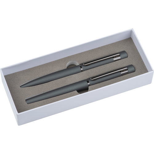Ensemble d'criture en mtal anthracite comprenant un stylo  bille et un stylo plume.