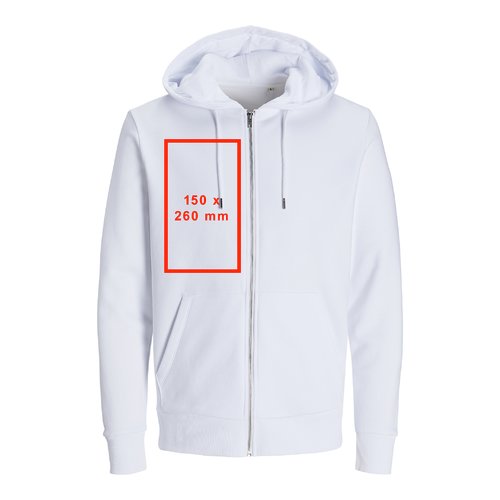 Veste de survtement blanche  capuche, fermeture clair intgrale et poches kangourou.