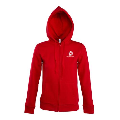 Veste de surv�tement rouge pour femme en m�lange de coton avec capuche et fermeture �clair int�grale.