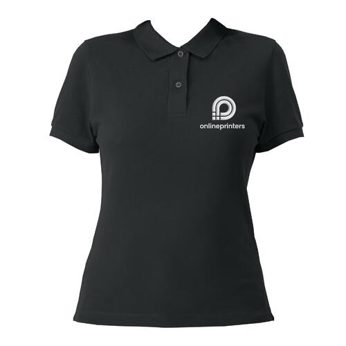 Polo noir pour femme en coton biologique avec courte patte de boutonnage.