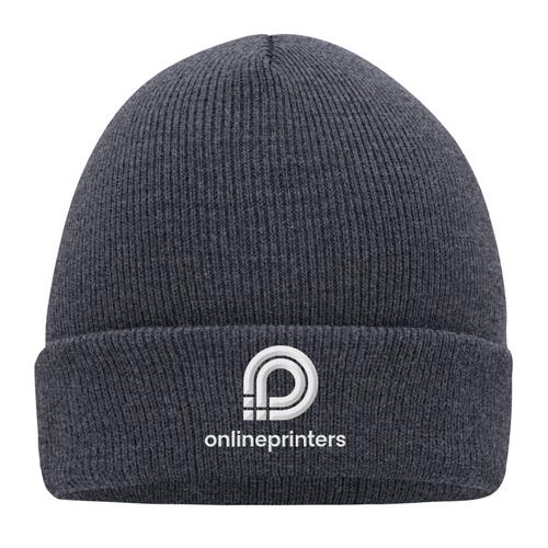 Bonnet tricot� gris en mati�re chaude avec motif c�tel�.