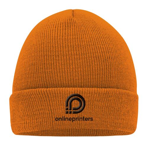 Bonnet en laine tricot�e orange avec texture c�tel�e.
