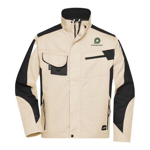 Veste de travail beige/noire en polyester et coton avec col montant et plusieurs poches.