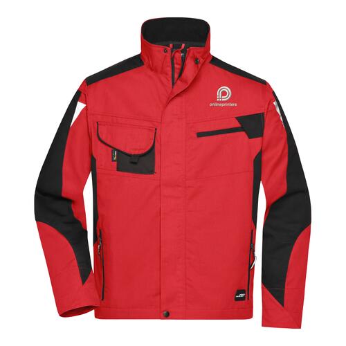 Veste de travail rouge en m�lange polyester-coton avec fermeture �clair et poches multiples.