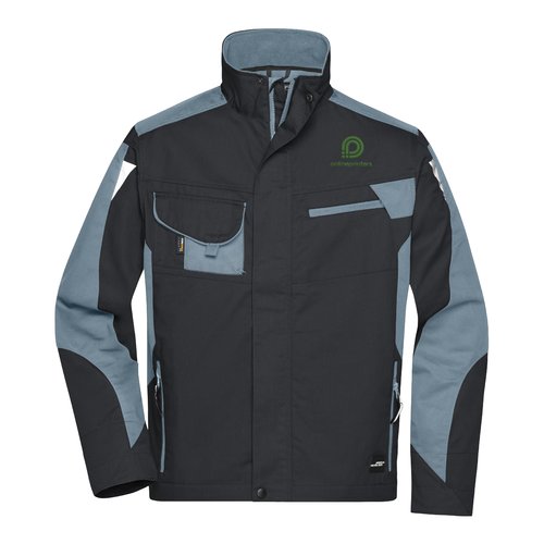 Veste de travail unisexe en matriau rsistant avec fermeture clair et poches multiples.