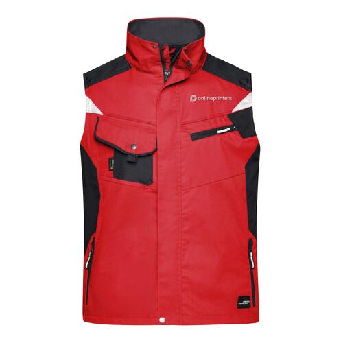 Gilet de travail rouge en m�lange de polyester et coton avec plusieurs poches.