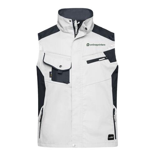 Gilet de travail blanc et gris en m�lange polyester-coton avec poches.