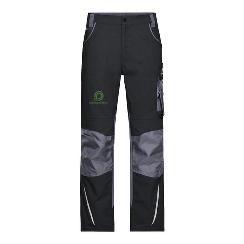 Pantalon de travail noir en tissu rsistant avec poches multiples.