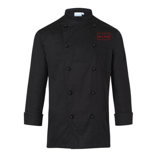 Veste de cuisine noire en tissu avec manches longues et poche poitrine.
