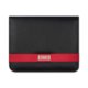 Bloc-notes noir en similicuir avec bande dcorative rouge.