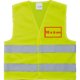 Gilet de scurit jaune en tissu avec bandes rflchissantes.