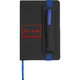 Carnet noir avec porte-stylo, fermeture lastique et marque-page.