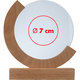 Trophe en bois avec une base en bois et une surface ronde transparente.