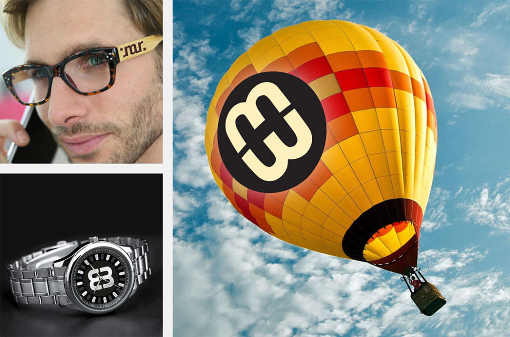 Ambigrammes sur lunettes, cadran d'une montre, montgolfière